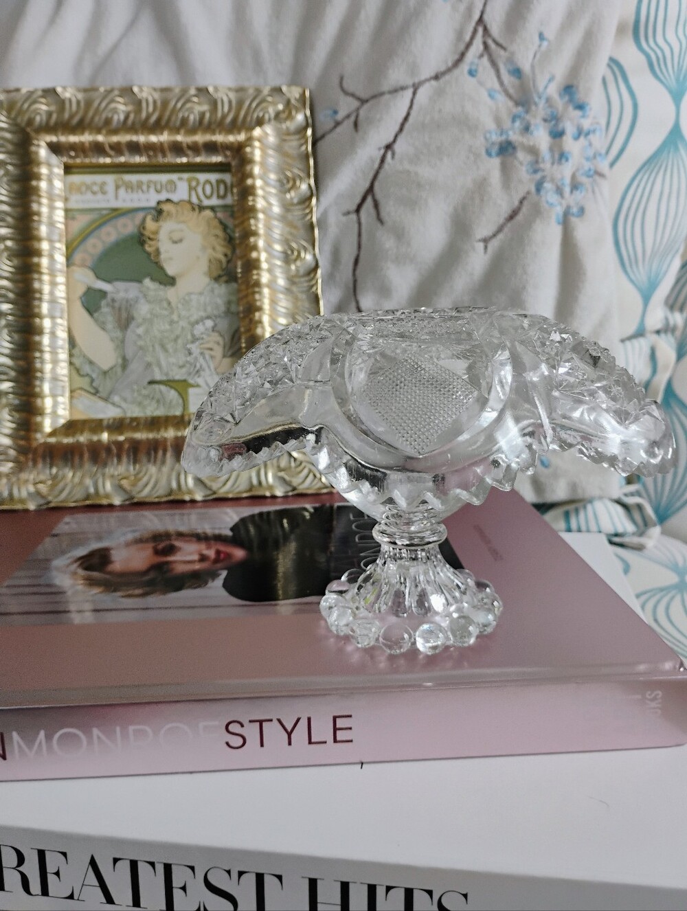 Vintage, Faux Fairy Lamp, Cut Glass Trinket Dish atop Hopnail Cocktail Glass